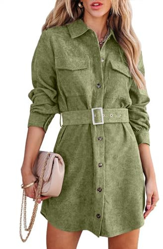 Uusollecy Robe Chemisier pour Femme à Manches Longues avec Ceinture, Mini Robe en Velours Côtelé avec Poche et Boutonnière, Vert, XL