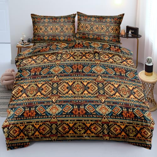Nyescasa Boho Bettwäsche 135x200 Vintage Bohemian Indisch Geometrisch Böhmisch Wendebettwäsche Set Weiche Mikrofaser Rot Gelb Bunt Bettbezüge mit Reißverschluss und Kissenbezug 80x80cm