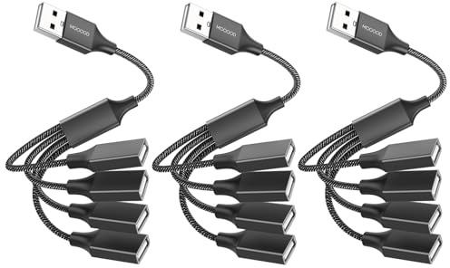 MOGOOD Splitter 1 zu 4, 4 Port USB 2.0 Y Kabel, 3 Pack, für Daten & Strom | USB Verteiler, Nylonkabel, 480 Mbit/s, 1.5A, Plug & Play, für Laptop, PC, Auto, TV, Xbox, U-Disk, Tastatur, Arbeit & Alltag