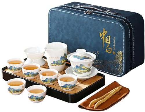 Kinesiskt te-set, vit jade-set, gongfu teset, Kung Fu teset, bärbar keramik tesats med 6 koppar (QLJS Gaiwan6)