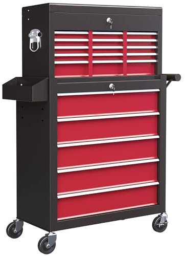 HOMCOM 2 in 1 Rolling Tool Cabinet on Wheels with 14 Drawers, Pegboard and Side Rack, Lockable Top Tool Chest and Roller Cabinet Combo for Workshop and Home, Red