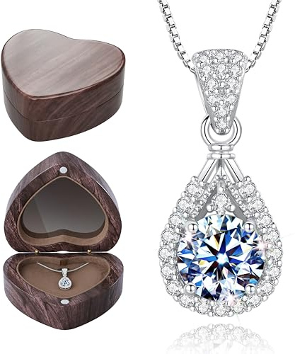 ATTALEN Sterling Silver Necklace Moissanite Pendant With Walnut Jewelry Box Gift For Her Woman Wife Girlfriend Daughter Present For Birthday Valentine Wedding Anniversary
