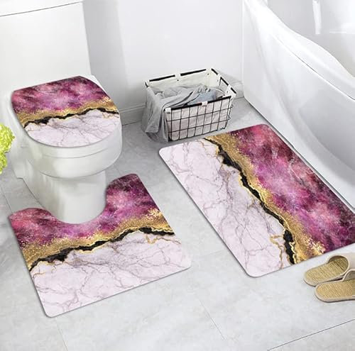 Bad Teppiche Set 3-Teiliges Gold Pink Marmor WC Vorleger Mit Ausschnitt Badematte Saugfähig WC Deckelbezug Badvorleger rutschfest Waschbar Toilettensitzbezug Badgarnitur (45x75cm)