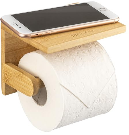 eluno Toilettenpapierhalter mit Ablage aus Bambus im natürlichen Design, Toilettenpapierrollenhalter, WC-Rollenhalter, Toiletpaper Holder, Papierhalter, zum Kleben mit 3M Kleber oder zum Bohren