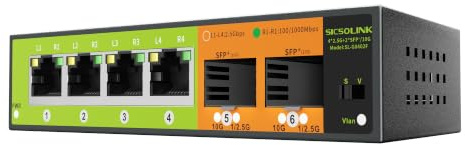 SICSOLINK 6-Port 2.5G Ethernet Switch, 4x2.5GB Ports mit 2x10GB SFP Uplink, Nicht verwaltet, Plug & Play, Tisch-/Wandmontage, lüfterloses Metallgehäuse, kompatibel mit 100/1000/2500Mbps Netzwerken