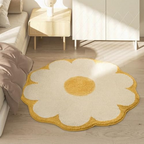 Generisch Teppich Flauschig Cute Badematte, Kinderteppich Mädchen Teppich Weich Blumenform, Waschbarer Badteppich, Runde Blumen-Bodenmatte, Waschbare Badewannenmatte (Weiß Gelb,80cm)
