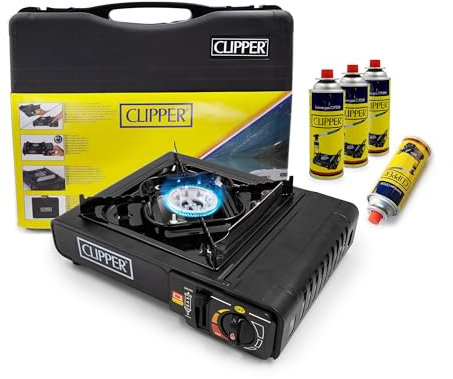 Hornillo de Camping Portátil Clipper + 4 Cartuchos de Gas de 400ml - Compacto, con Maletín de Transporte - Ideal para Acampada