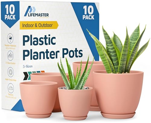 Lifemaster Planter Pots with Drainage Holes - Lightweight, Durable & Space-Saving Pots for Indoor and Outdoor - Versatile Functionality, Simple Modern Design, Set of 10 Plastic Planter Pots Pink