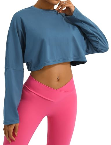 SEAUR Sport långärmad tröja dam magfri lös löptröja bomull fitness gym cropped toppar långärmad sportskjorta yoga skjorta långärmad crop top, blå, M