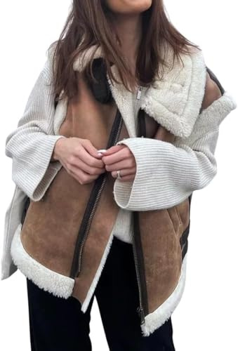 Suncadmious Damen Winter Warm Wildleder Sherpa Leder Weste Jacke Zip Up Ärmellos Lammwolle Pelz Mantel mit Taschen (Braun,M)