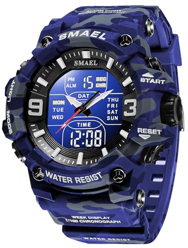 SMAALEB Montres Militaires pour Hommes Sports de Plein air Montre numérique étanche LED Date Alarme Montres-Bracelets pour Hommes,Camouflage Military Green