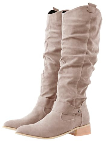 Botas Altas Mujer Invierno-Botas Camperas Caña Ancha Lisas Planas Marrones de Ante Invierno Fiesta Negras