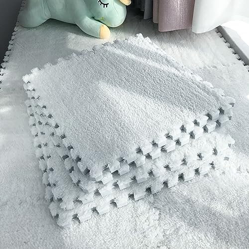 Kanduo Plüsch-Schaumstoff-Fußmatten Plüsch-Patchwork-Teppichfliesen, 20-teilige ineinandergreifende Schaumstoff-Puzzlematte, weiche, flauschige Bodenfliesenmatte, quadratische rutschfeste Klettermatte