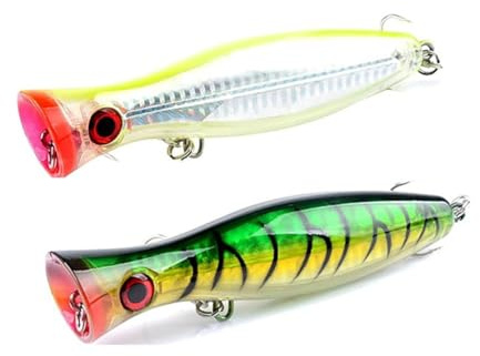 2PCS 40.3g Fishing Lures ，Floating Lure Popper Bait Topwater Fishing Lures Large Popper Fishing Lure Saltwater Fishing Artificial Hard Lures Bass Tuna Popper Lures for Seabass, Pike (Yellow+Green)