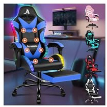 ALFORDSON Gaming-stol, massage LED gamer-stolar, ergonomisk skrivbordsstol, kontorsstol 150° lutning, 360° snurrstol, indragbar fotstöd, höjdjusterbar, 180 kg bärkapacitet, PU-läder, blå