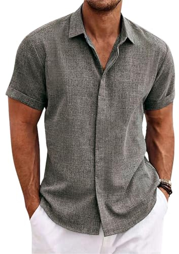 PADOLA Hombre Camisetas Lino de Botones Camisa de Verano Manga Corta Suelta Color Sólido Regular Fit Respirable