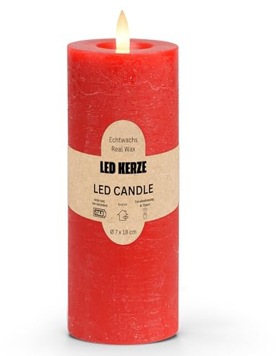 LED Stumpenkerze aus Echtwachs mit Timerfunktion & Fernbedienung - Kerze realistisch flackernde Flamme warmweiß Ø 7 x 18 cm - Elektrische Wachskerze in Rot als gemütliche Tischdeko