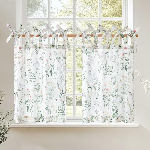 TOPICK Tie Top Green Floral Linen Blend Kitchen Curtains, W26 xL36