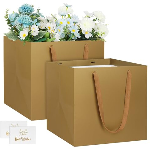 NAHRMY 2 st fyrkantig presentpåse, papperspåse med handtag, stort guld, 25 x 25 x 25 cm, presentpåse, festväska för bröllop, jul, blommor, tårtlåda, butik