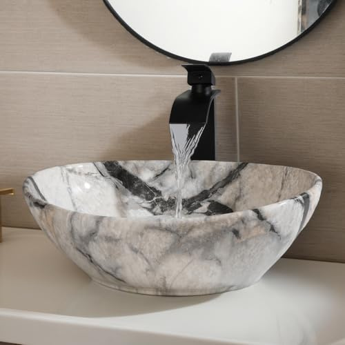 Zoyueyu Oval Vessel Sink 16x13 White Ceramic Bathroom Sink with Waterfall Faucet and Pop-up Drain Bowl Sink White Black Marble Bathroom Sinks Above Counter