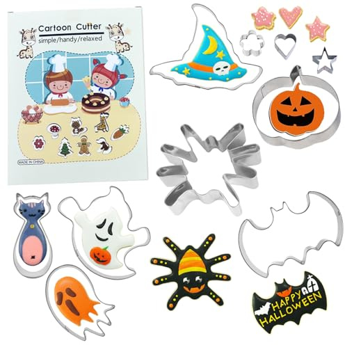 Moldes Galletas Halloween 10 Piezas CHUNLINLAODA Juego de Cortadores de Galletas de Halloween Calabaza MurciéLago Sombrero de Bruja Gato Fantasma para Halloweens (Plateado A)