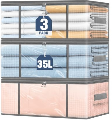 Aevcvok Cajas Almacenaje 3 Piezas Ropa 35L Transparentes, Organizadores Ropa Plegables Cierre Cremallera Asas, Bolsas Guardado Armario Cama