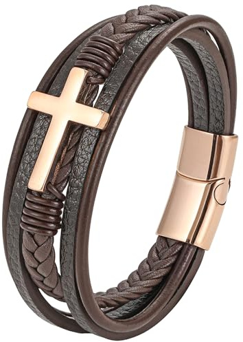 JUZICHEN Kreuz Lederarmband Herren, Kreuz Herrenarmband Armbänder 21CM, Braun Schwarz Armband Für Männer, Armband Leder Herren Schmuck
