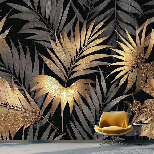 Papel pintado Patrón De Hoja De Palma 300 x 210 cm, Estilo De Lujo 3D Póster fotográfico mural papel pintado moderno decoración de pared sala de estar dormitorio oficina, Negro Dorado