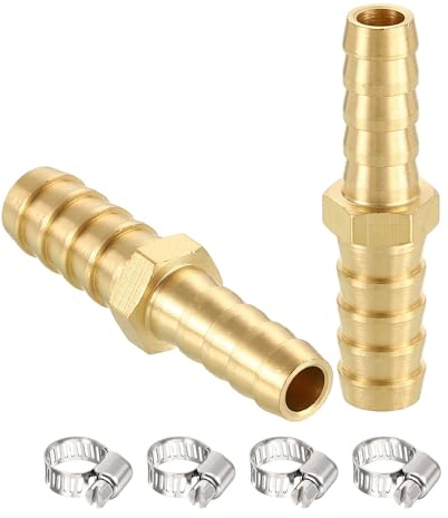 sourcing map 2pcs 10mm to 8mm Brass Hose Barb Fitting Metal Splicer | with 4pcs Brass Clamps Mender for 3D Printing, Air Compressor, CNC Machine, Dies