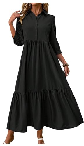 GORGLITTER Women's 3/4 Sleeve Button Front Collared Shirt Dresses A Line Flared Flowy Maxi Casual Fall Dress Black Medium