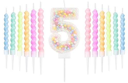 Set de velas de 5 años cumpleaños de Macarón blanco,decoración 5th de cumpleaños para niños y niñas,número 5 vela para pastel,Vela arco iris para decoración de fiesta de chica chico,Duchas para bebés