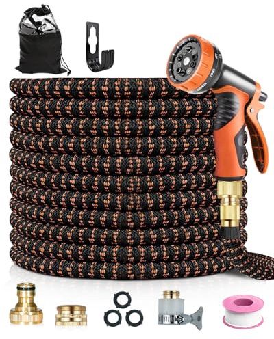 Expandable Garden Hose Pipe 100FT/30M, 10-Pattern Spray Nozzle, Brass Fittings 1/2 & 3/4, Durable 3750D Fabric, 4-Layer Latex Core, Leak-Resistant Design for Gardening, Car Cleaning, Black & Orange