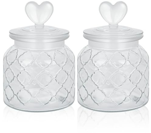PYserne 2 Stück Vorratsgläser mit herzförmigem, 650 ML Bonbonglas | Glasmaterial, Transparentes Streifen Dekorative Vorratsglas Aufbewahrungsgläser, Für Kekse Schokolade Süßigkeiten Tee
