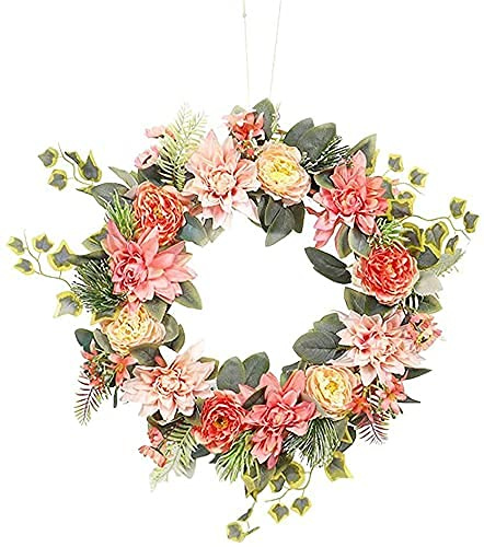 Eucalyptus Orange Dahlia Artificial Wreath Hanging Living Room Pendant Wall Hanging