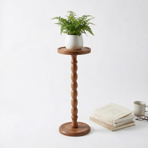 Perclyzm Rond Sidobord Av Massiv Ek Med Fat, Rustik Brunt Högt Pedestalbord, För Vardagsrum, Soffa, Sovrum, Små Utrymmen (Light walnut)