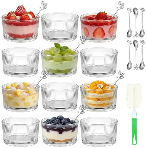 Mispudin Modern Dessert Glasses Set of 12, 200ml Small Ice Cream Bowls Glass with Spoons, Brush, Stackable Glass Dessert Bowls for Sundae, Parfait, Salad, Fruit, Yogurt, Party (Vertical Stripes)