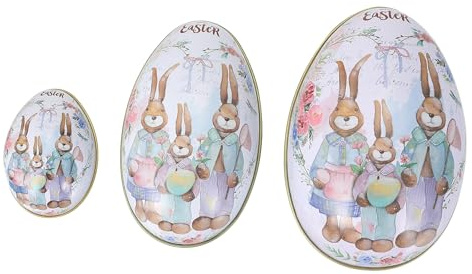 Operitacx 3pcs Easter Tinplate Candy Boxes Set, Colorful Rabbit Egg-shaped Containers in Large, Medium Small Sizes, Reusable Festival Candy Packaging for Party Decorations Assorted style