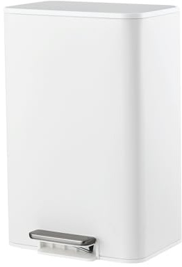 Crevyteg Poubelle rectangulaire compacte en acier inoxydable - Couvercle silencieux - Seau intérieur amovible - Pédale pratique - Pour cuisine, bureau, chambre, salon - 15L blanc, 29,5x26x43cm