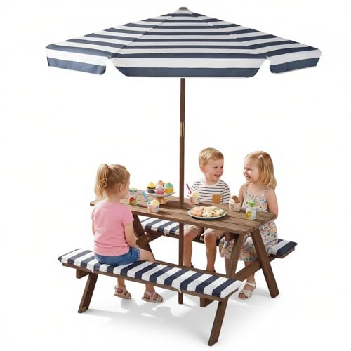 Maxmass Kids Picnic Table Bench Set, Children 4 Seat Activity Play Table with Removable & Folding Umbrella, Wooden Tables & Chair Sets for Garden, Courtyard, Home, Lawn (91 x 80 x 50cm, Blue)