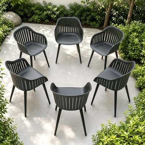 Songvas Gartenstuhl 6er Set, Outdoor Stühle Wetterfest mit Armlehne, Gartenstühle UV-beständig bis 120 kg, Terrassenstuhl Terrasse Balkon Outdoor Garten, Schwarz