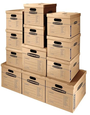 BANKERS BOX Classic 7716401 Umzugskarton, verstärkte Griffe, bandfreie Montage, Karton mit Deckel, 8 kleine und 4 mittelgroße Kartons, 12 Stück
