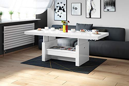 Design Couchtisch Tisch Aversa H-111 Weiß Hochglanz Schublade höhenverstellbar ausziehbar Esstisch