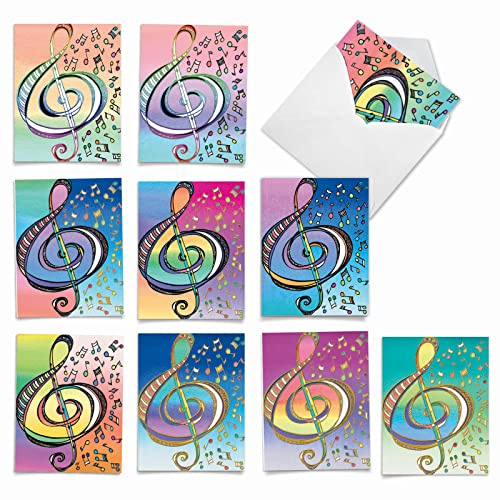 The Best Card Company - 10 Colorful Blank Note Cards with Envelopes (4 x 5.12 Inch) - All Occasion Boxed Stationery - Design Tunes M3315