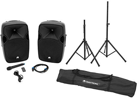 OMNITRONIC Set XFM-212AP Aktives Lautsprecherset mit MP3-Audioplayer, Bluetooth, SD, USB + Funkmikrofon, 150 W RMS | Bestehend aus einer Aktivbox, einer Passivbox und 2 Boxenhochständern