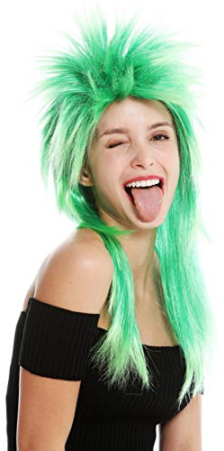 WIG ME UP - DH1069-PC18TPC16 Perücke Fasching Karneval Punk Vokuhila Rocker wild 80s Wave toupiert lang Grün Mix