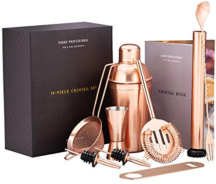 Cooks Professional 10 Piece Cocktail Shaker Set with Jigger, Strainers, Pouring Spouts, Recipe Book & Accessories | Modern Stylish Stainless Steel Full Cocktail Set for Home or Bar | Rose Gold