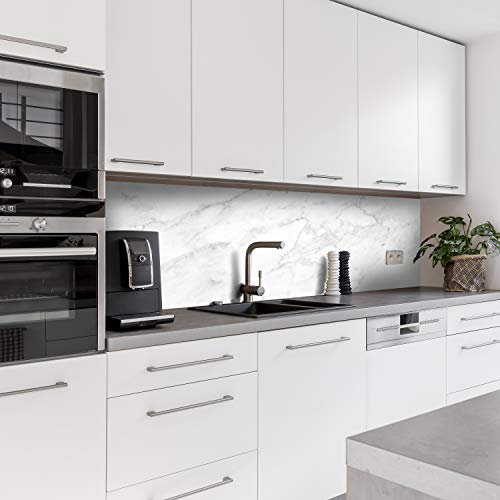 Dedeco Panneau de cuisine Motif marbre V1, plaque en plastique PVC de 5 mm, protection anti-éclaboussures, mur de cuisine, panneau composite avec vernis UV brillant, toutes les surfaces, 260 x 60 cm