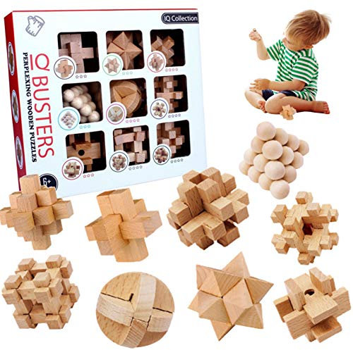 Holz Knobelspiele Set,3D Magic Wooden,9 Stück 3D IQ Puzzle Holz,Geduldspiel aus Holz,Brain Teaser Puzzle,Schwierige Holzspielzeug,Gehirn Holzspiel,Kreatives Denkspiel,Logikspiele