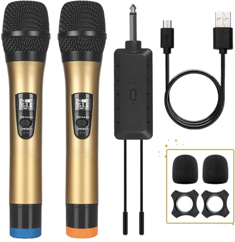 ALPOWL Microphone sans Fil, UHF Double système de Micro Dynamique sans Fil, Microphone de karaoké Portable avec récepteur Rechargeable pour Le Chant, l'église, la Parole, Le Mariage, la fête