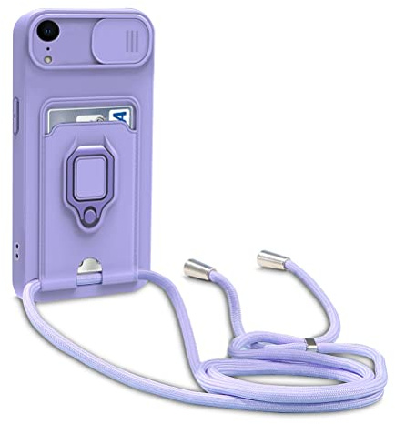 yanasuo Schiebe Kameraschutz Silikon Handykette Hülle kompatibel mit iPhone XR, Metall Ring Halter Handy Cover,Verstellbarer Halskette Handyhülle-Lila